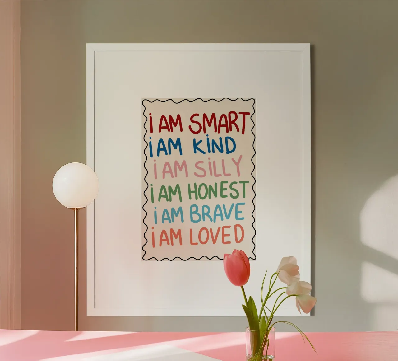 Poster di affermazione per la stanza dei bambini "Io sono" Parole positive poster con telaio in plastica da vintagepod