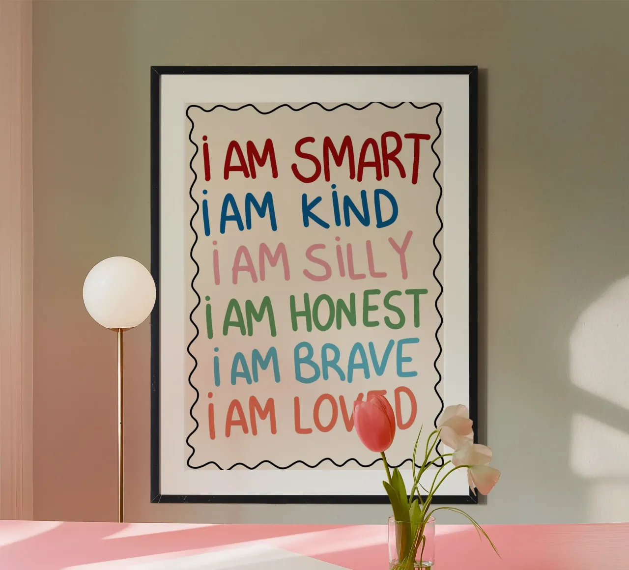 Poster di affermazione per la stanza dei bambini "Io sono" Parole positive poster con telaio in plastica da vintagepod