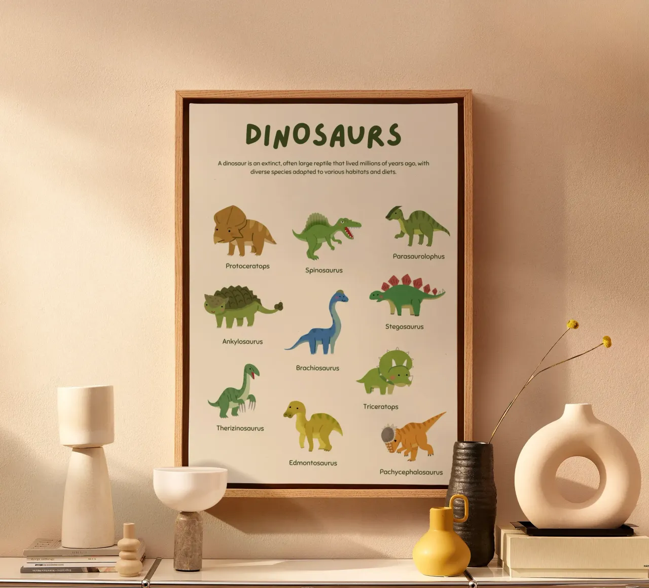 Poster educativo per la stanza dei bambini con simpatici dinosauri tela con Cornice a cassetta da vintagepod
