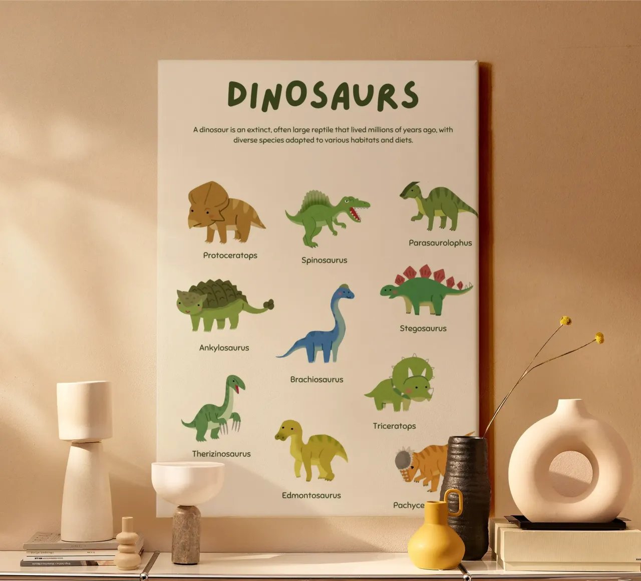 Poster educativo per la stanza dei bambini con simpatici dinosauri tela con Cornice a cassetta da vintagepod
