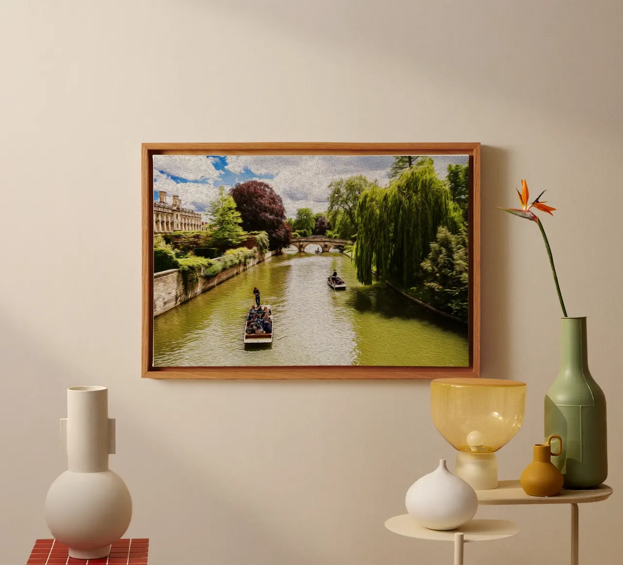 Cambridge Kanaal - Olieverfschilderij Stedelijk Landschap Print canvas met Baklijst van jay