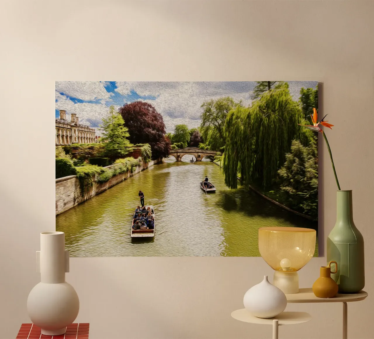 Cambridge Kanaal - Olieverfschilderij Stedelijk Landschap Print canvas met Baklijst van jay