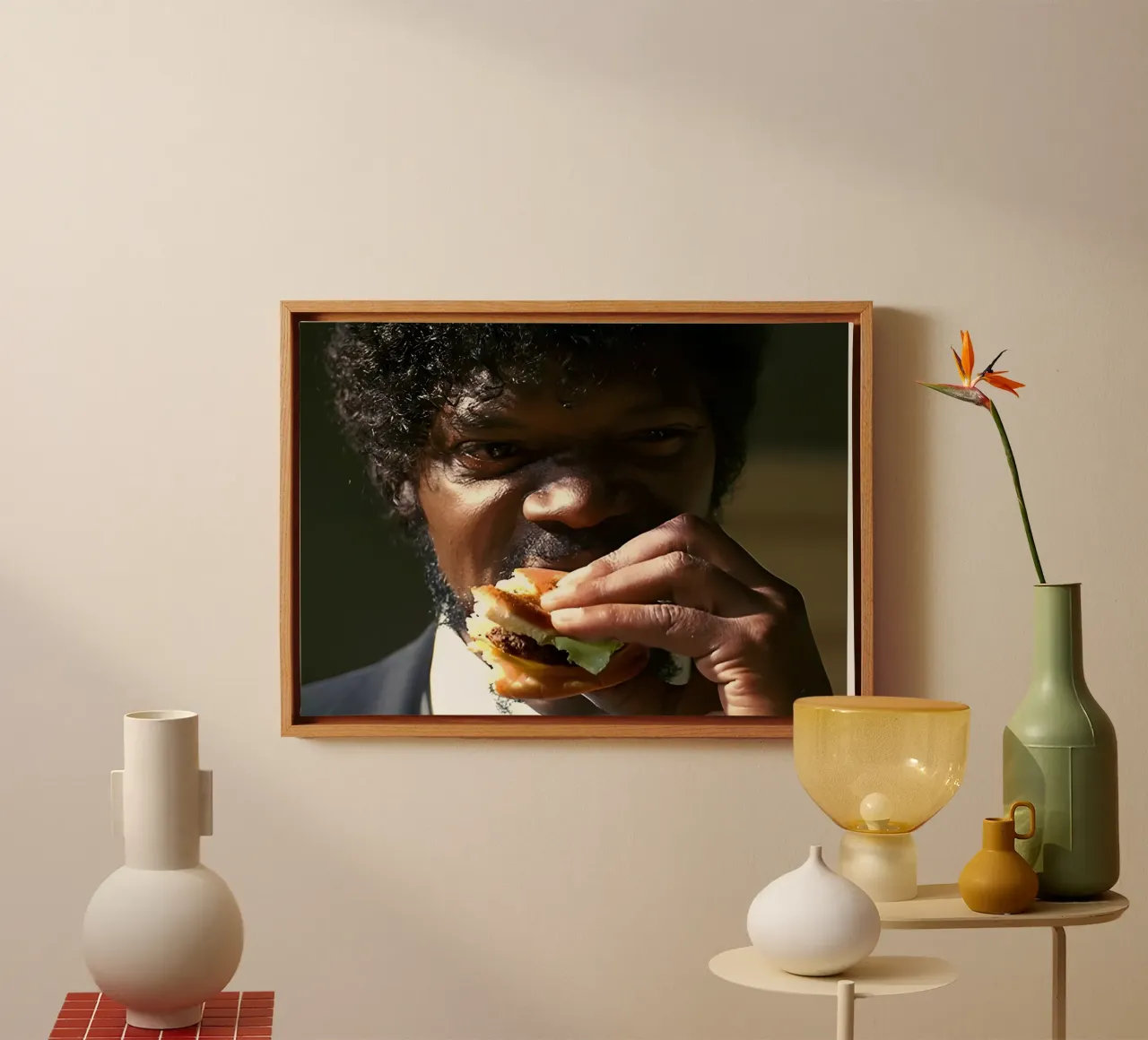 Meme eatin Burger canvas with Floater frame by Low poly art