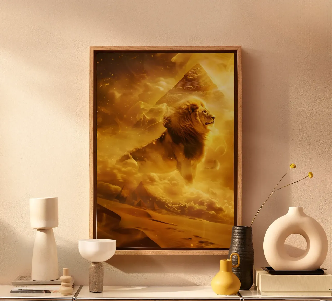 Lion Egypt pyramid mystical fantasy art canvas with Floater frame by WILD ART