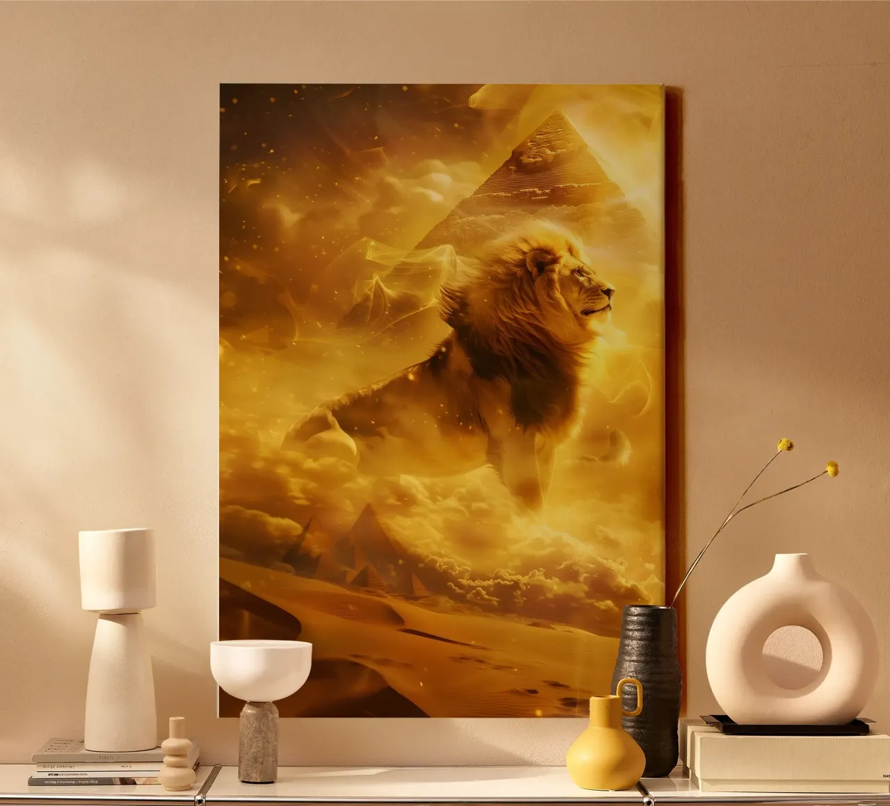 Lion Egypt pyramid mystical fantasy art canvas with Floater frame by WILD ART