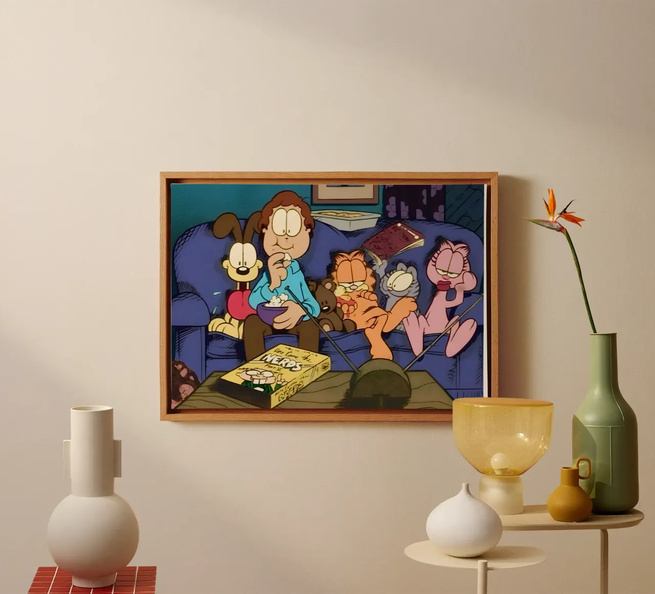 watching TV with Garfield canvas met Baklijst van Low poly art