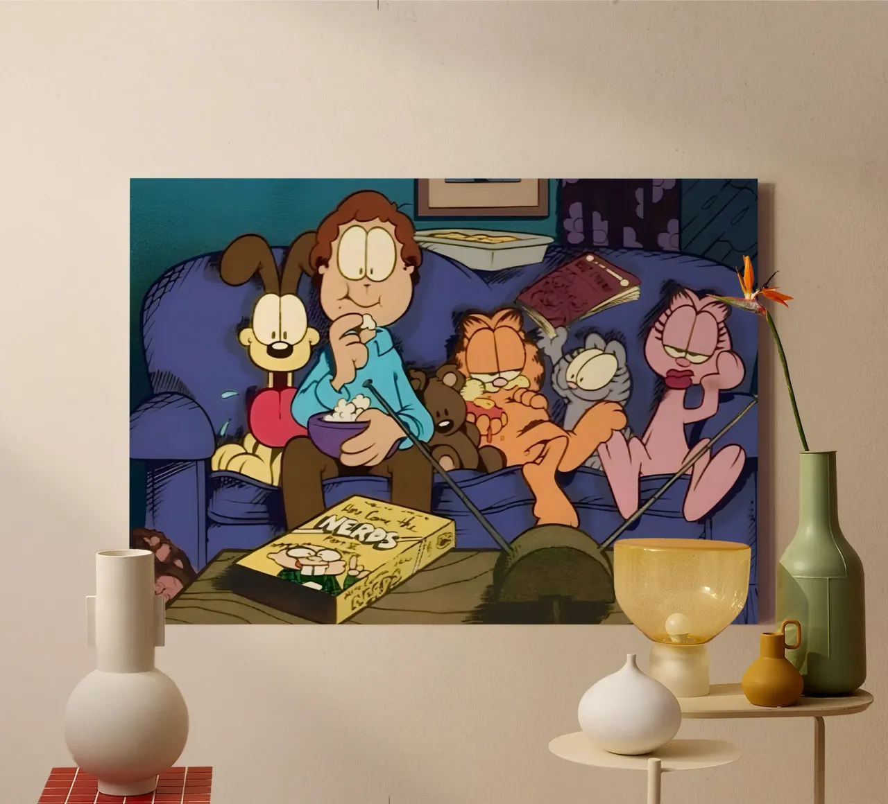 watching TV with Garfield canvas met Baklijst van Low poly art