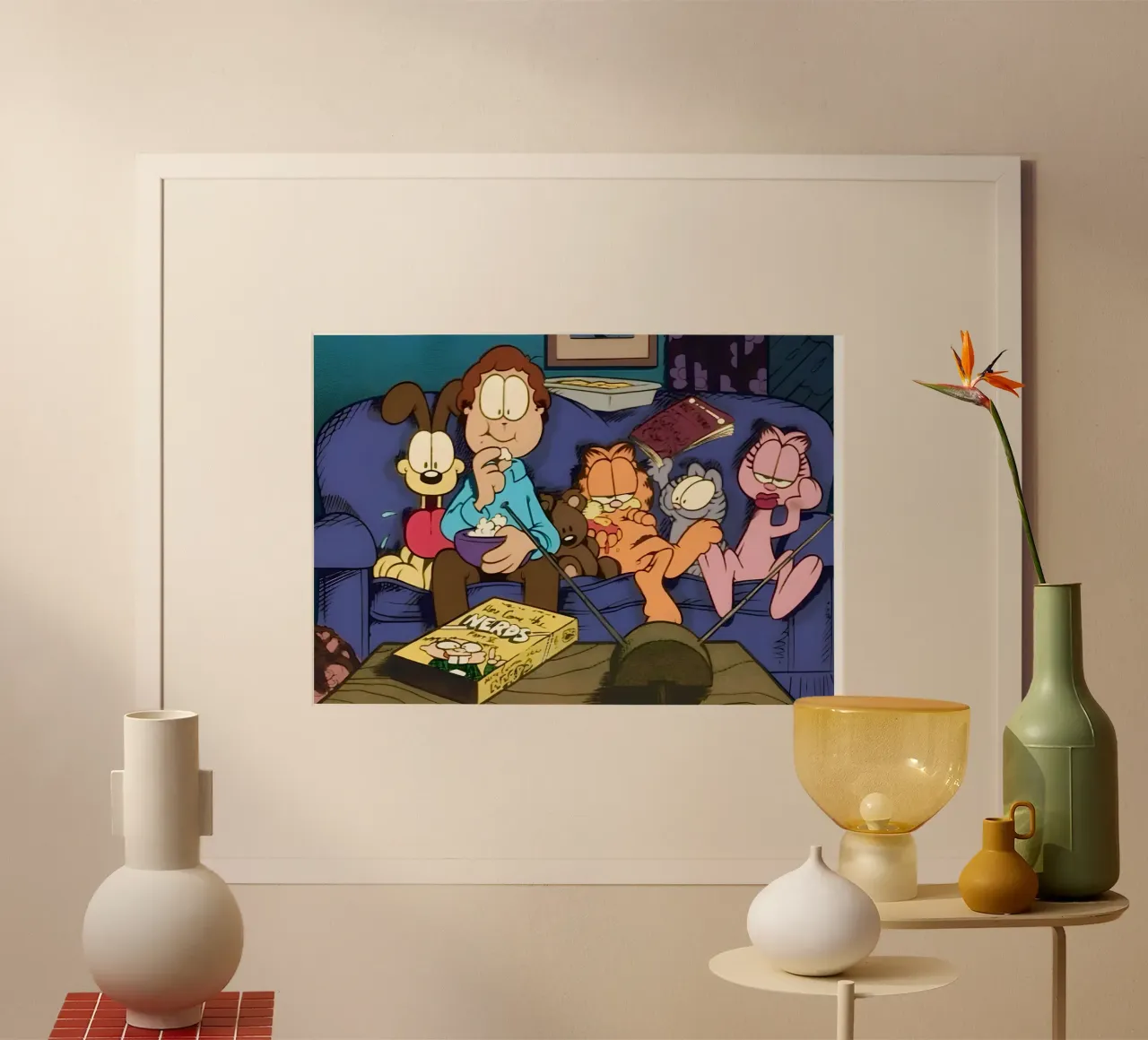 watching TV with Garfield poster con telaio in plastica da Low poly art