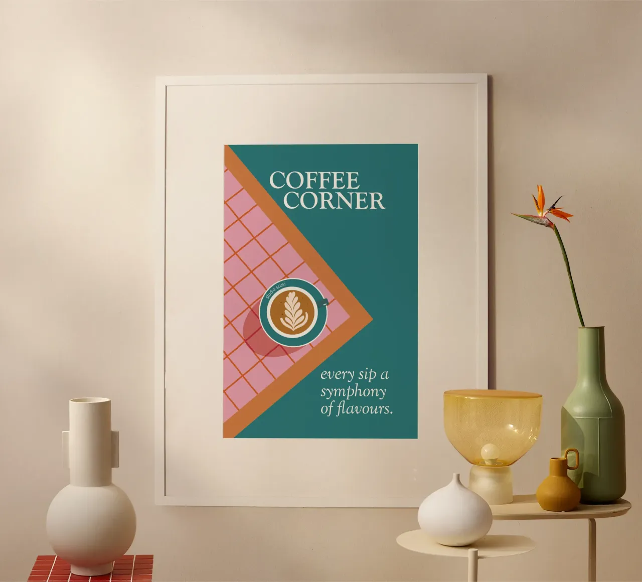 Coffee Corner - Latte Art and Tiles poster con telaio in legno da studio scusi