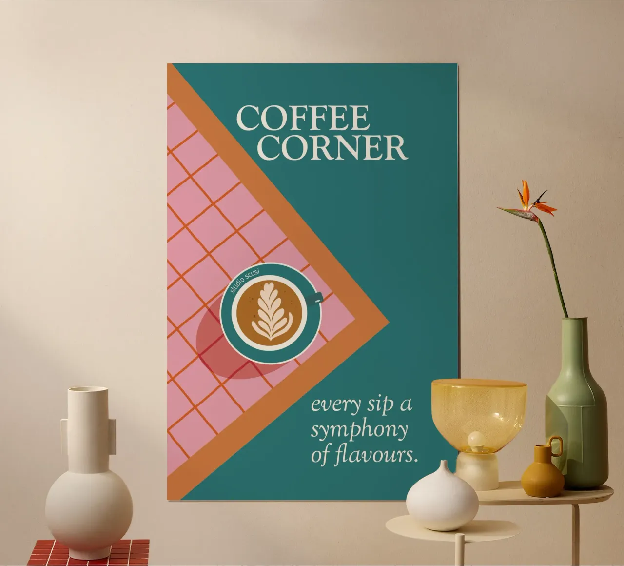 Coffee Corner - Latte Art and Tiles poster con telaio in legno da studio scusi