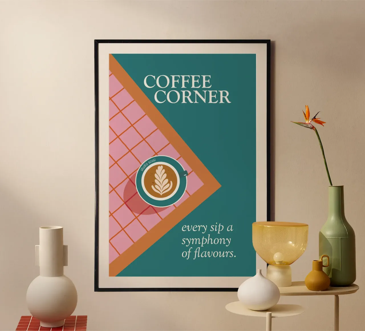 Coffee Corner - Latte Art and Tiles poster con telaio in legno da studio scusi