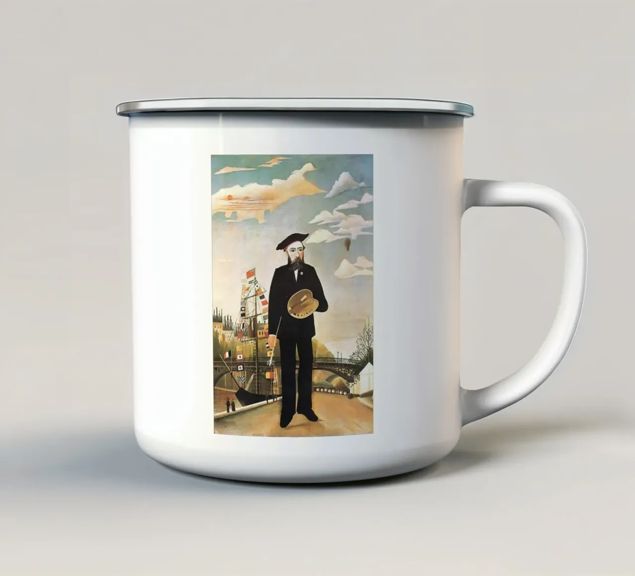pittore famoso in piedi sul molo tazza in smalto da taylor shop