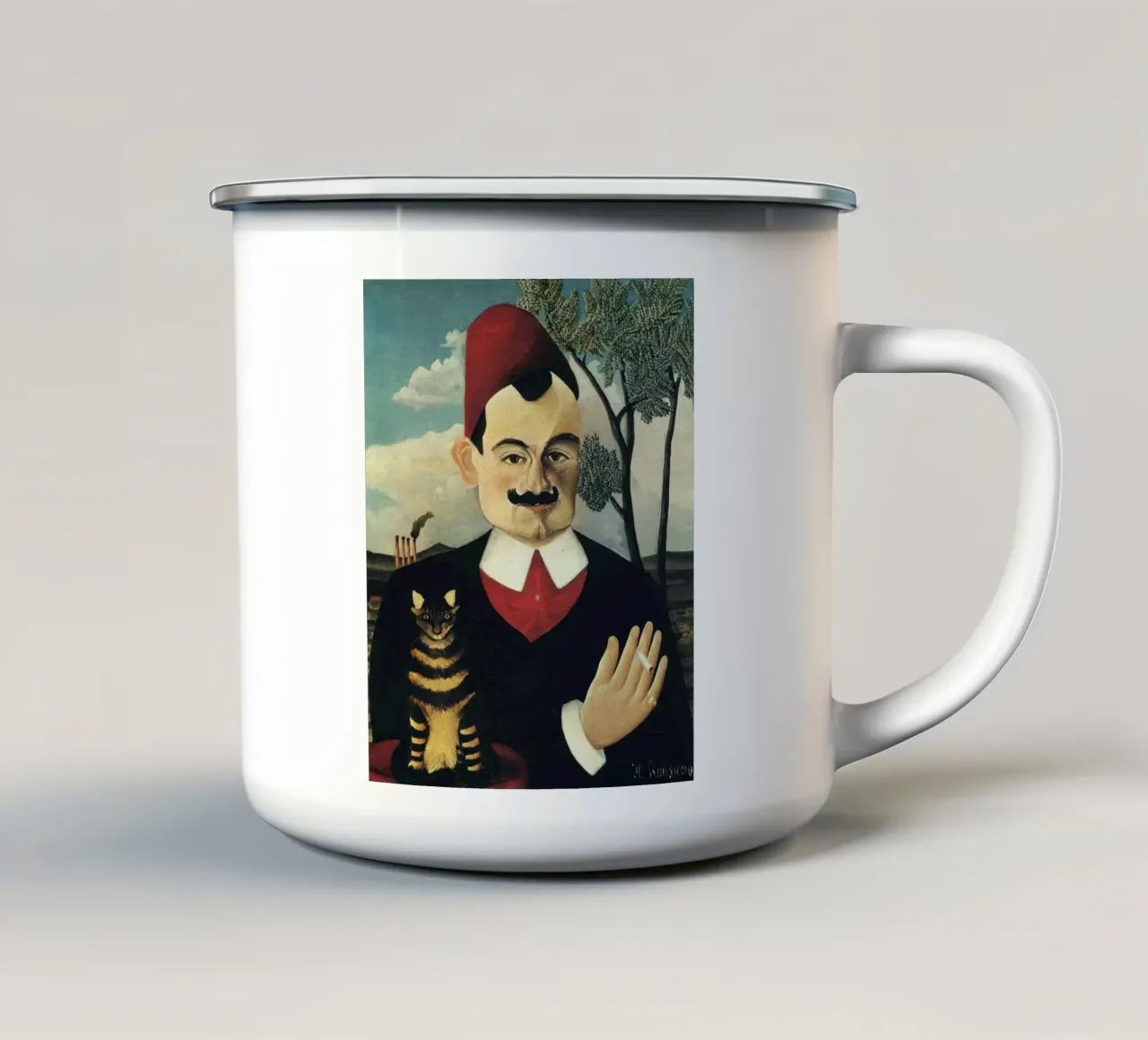 vecchio che fuma accompagnato da un gatto tazza in smalto da taylor shop