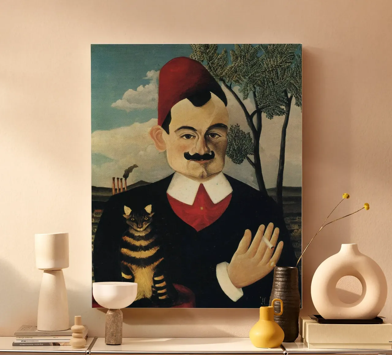 vecchio che fuma accompagnato da un gatto tela con Cornice a cassetta da taylor shop