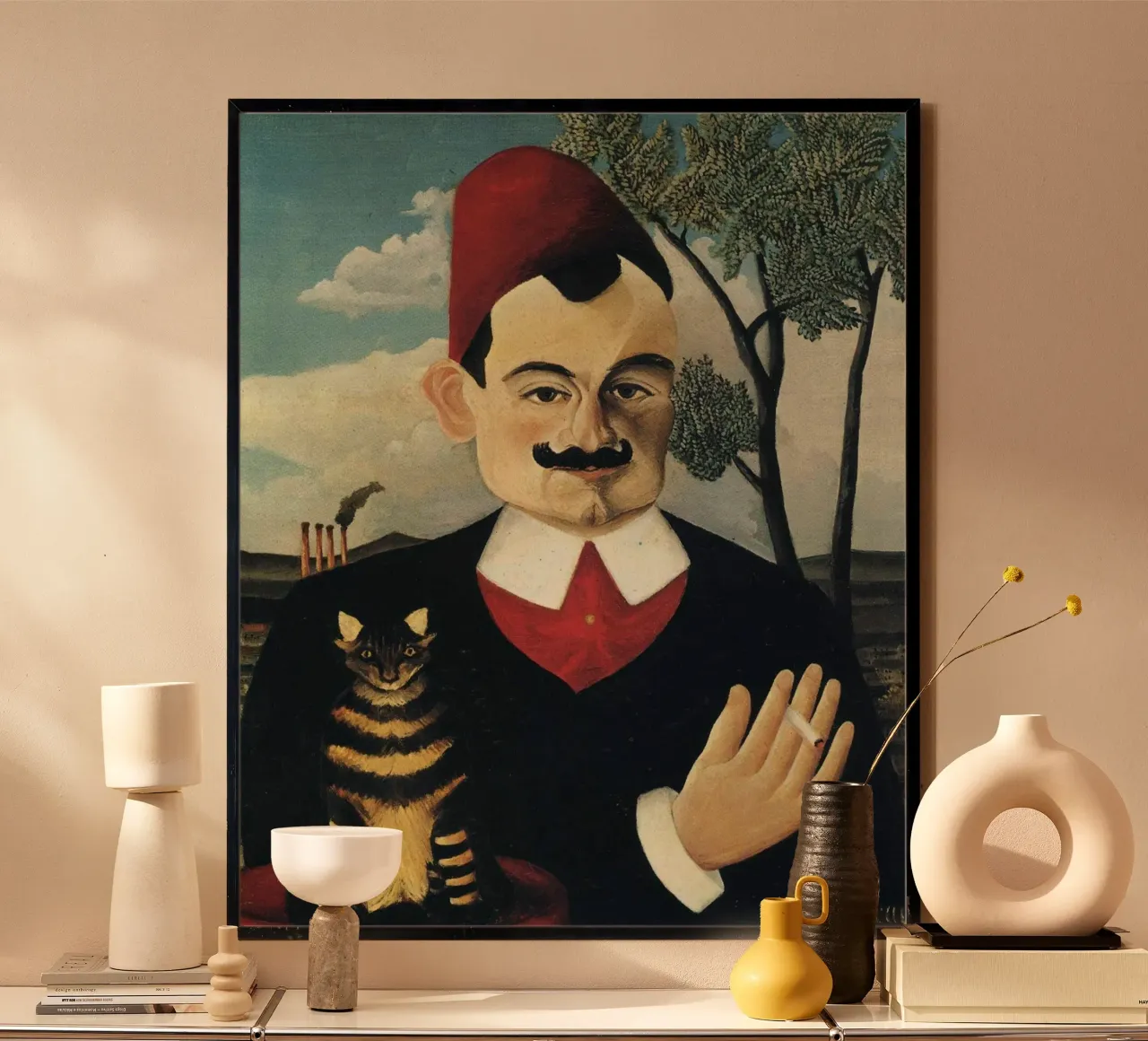 vecchio che fuma accompagnato da un gatto poster da taylor shop