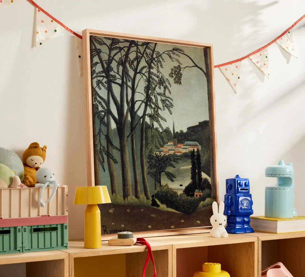 Sehen Sie die Dorfansicht vom Wald aus Leinwand mit Schattenfugenrahmen von taylor shop