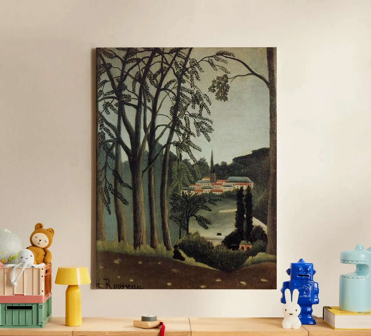 Sehen Sie die Dorfansicht vom Wald aus Leinwand mit Schattenfugenrahmen von taylor shop