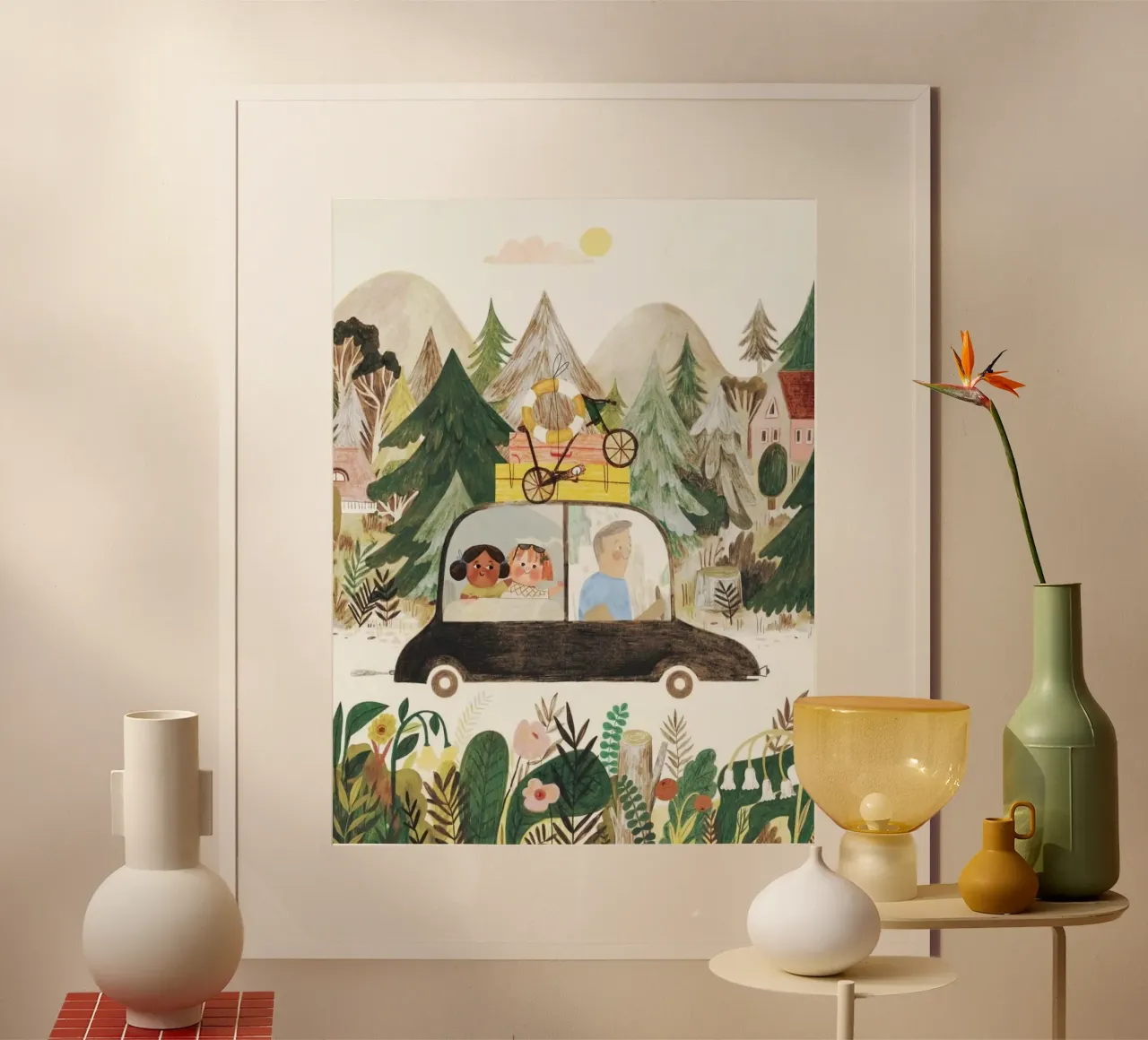 car with family poster con telaio in legno da firmana