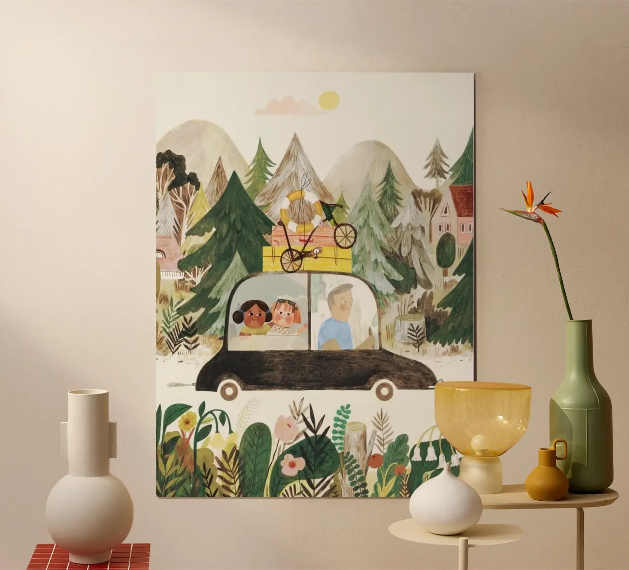 car with family poster con telaio in legno da firmana