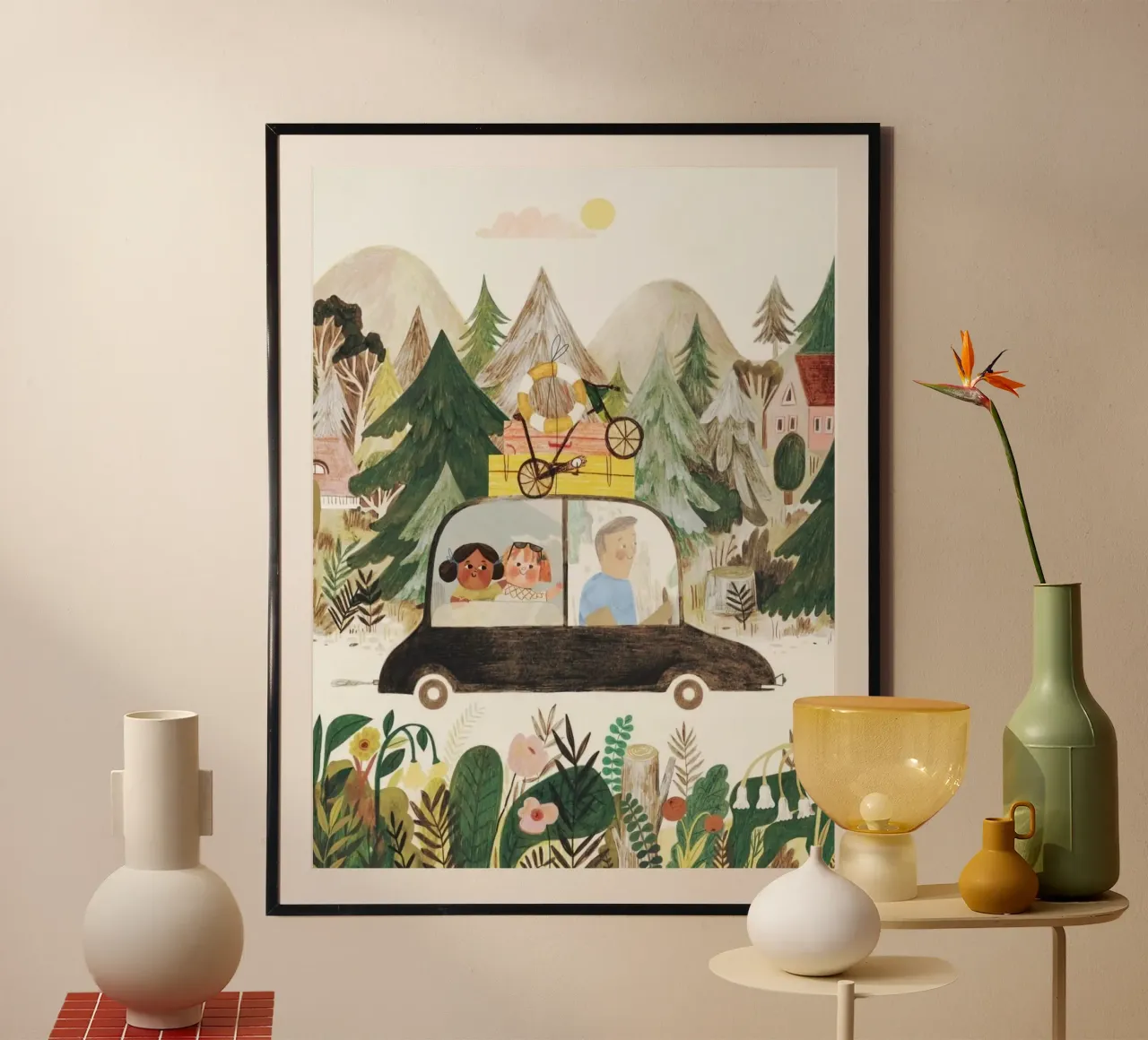 car with family poster con telaio in legno da firmana
