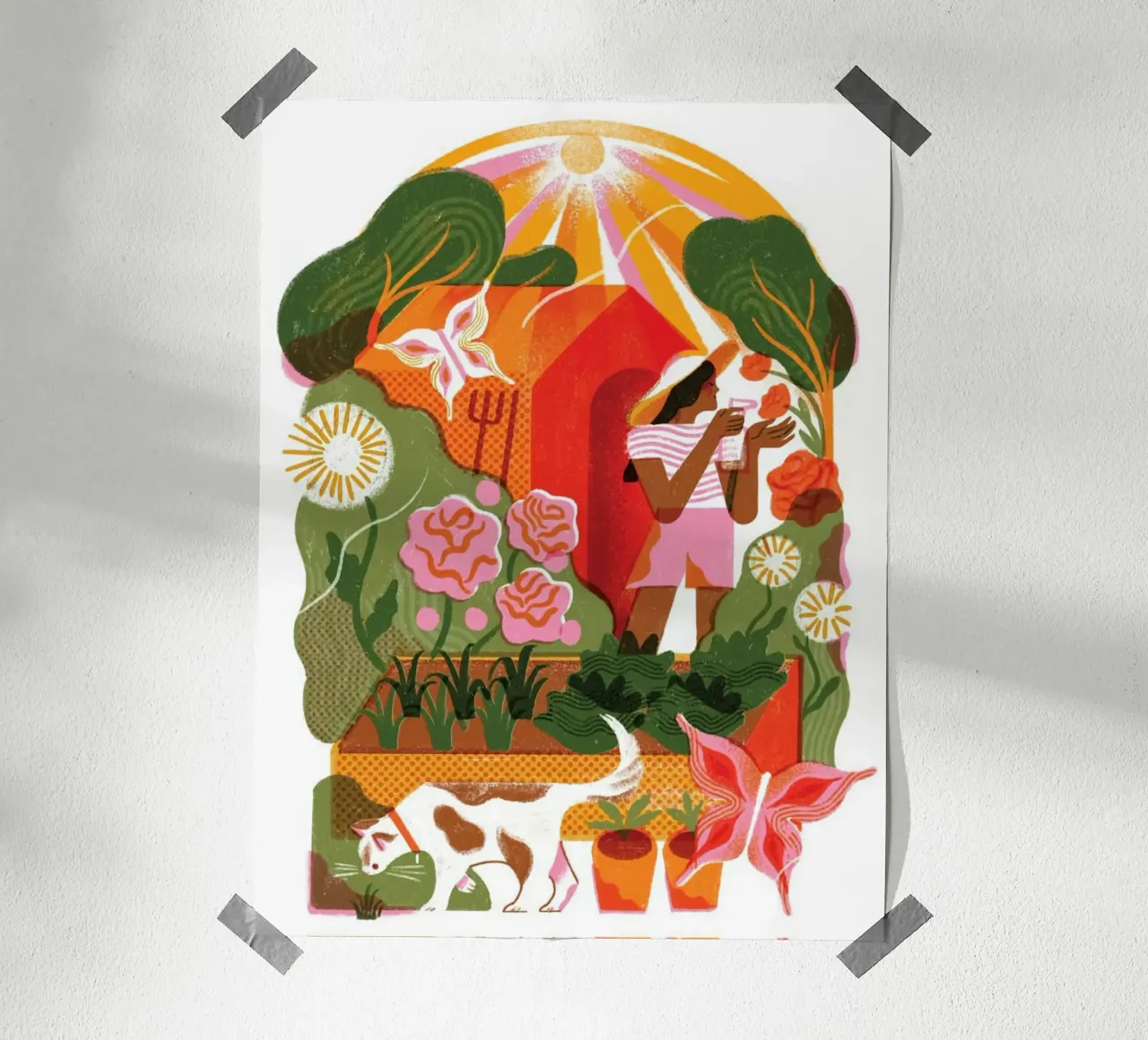 garden the girl and cat poster con telaio in legno da firmana