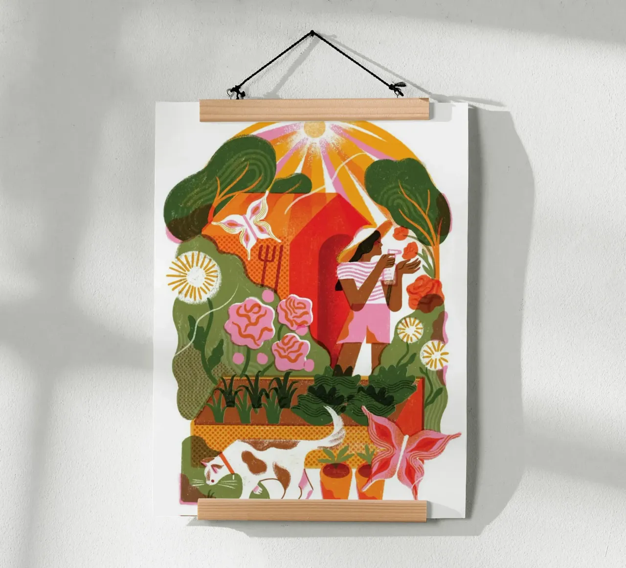 garden the girl and cat poster con telaio in legno da firmana