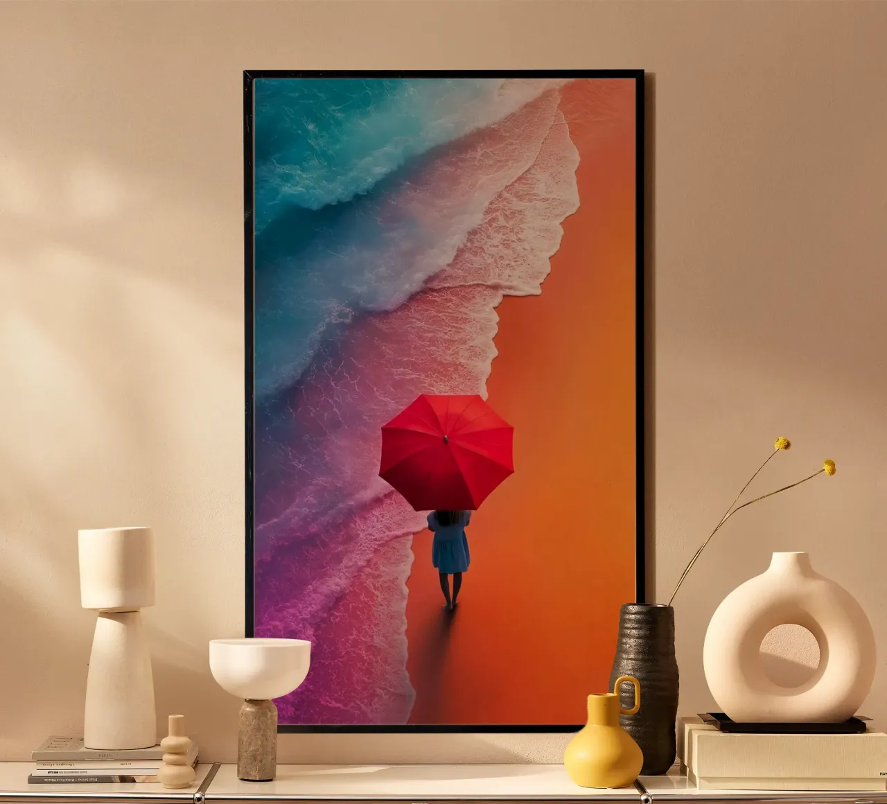 girl with red umbrella in gradient beach poster da firmana