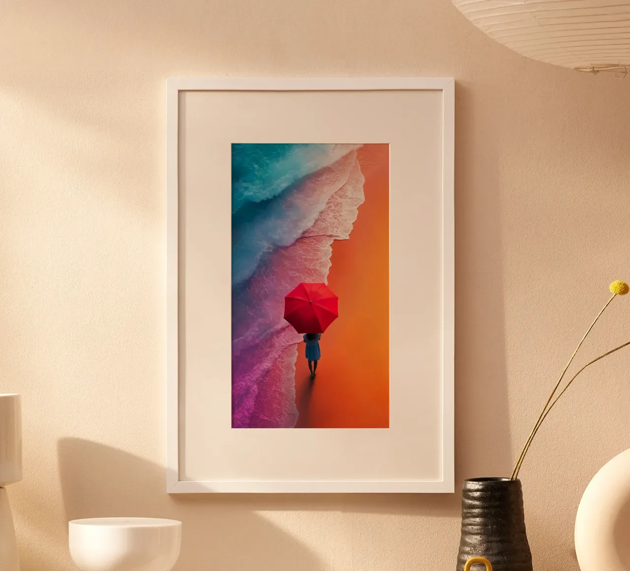 girl with red umbrella in gradient beach poster da firmana