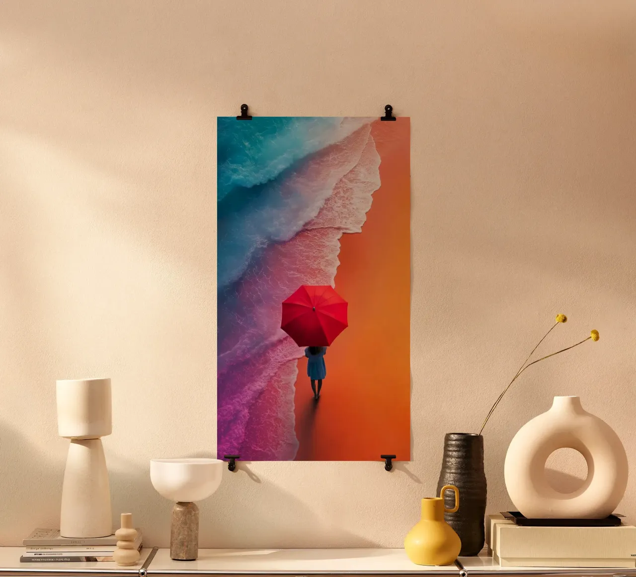 girl with red umbrella in gradient beach poster da firmana