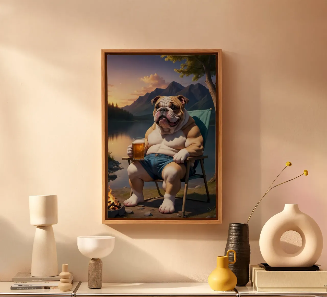 bulldog camping with beer canvas with Floater frame by throme