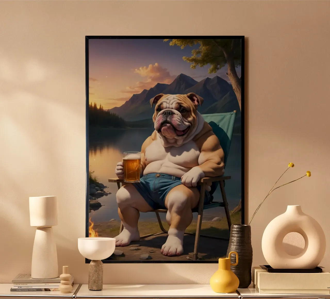 bulldog camping with beer poster con telaio in legno da throme