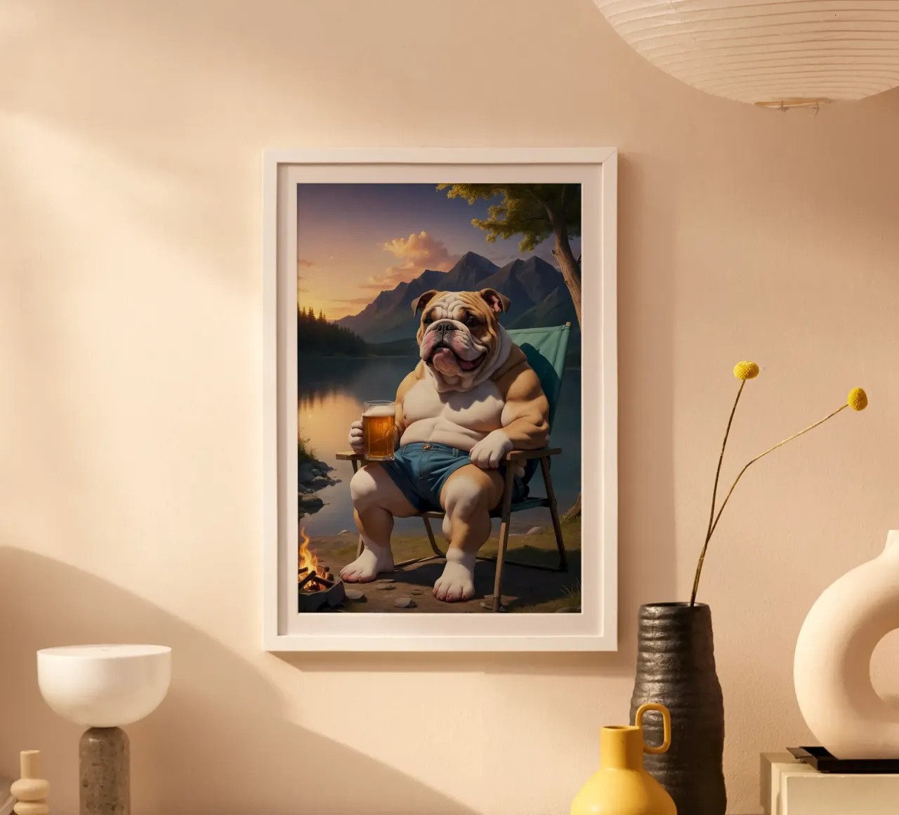 bulldog camping with beer poster con telaio in legno da throme