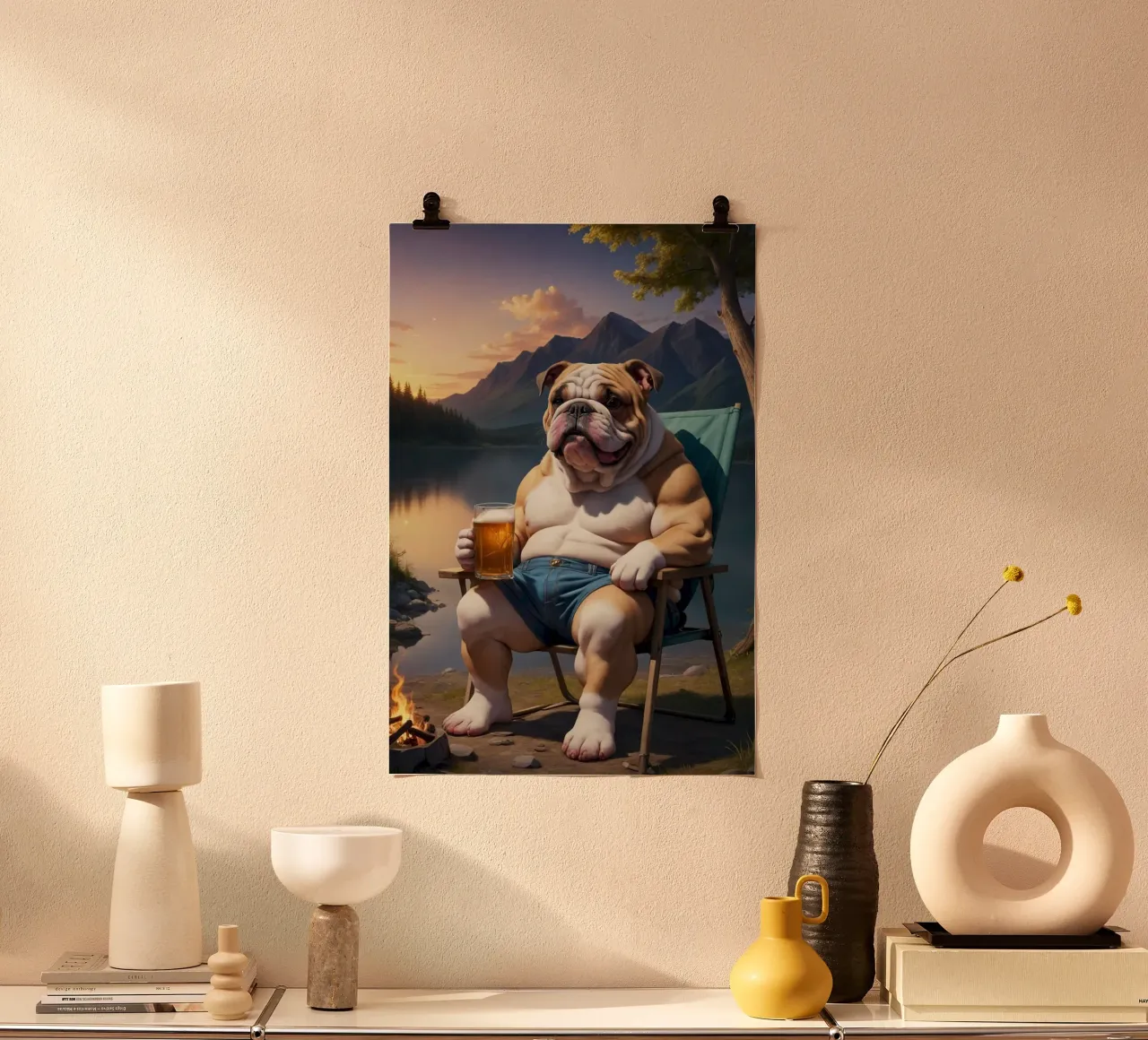 bulldog camping with beer poster con telaio in legno da throme