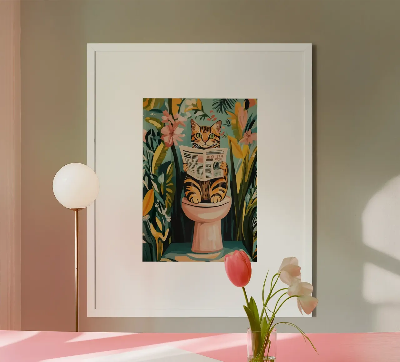 color cat on toilet poster con telaio in plastica da throme