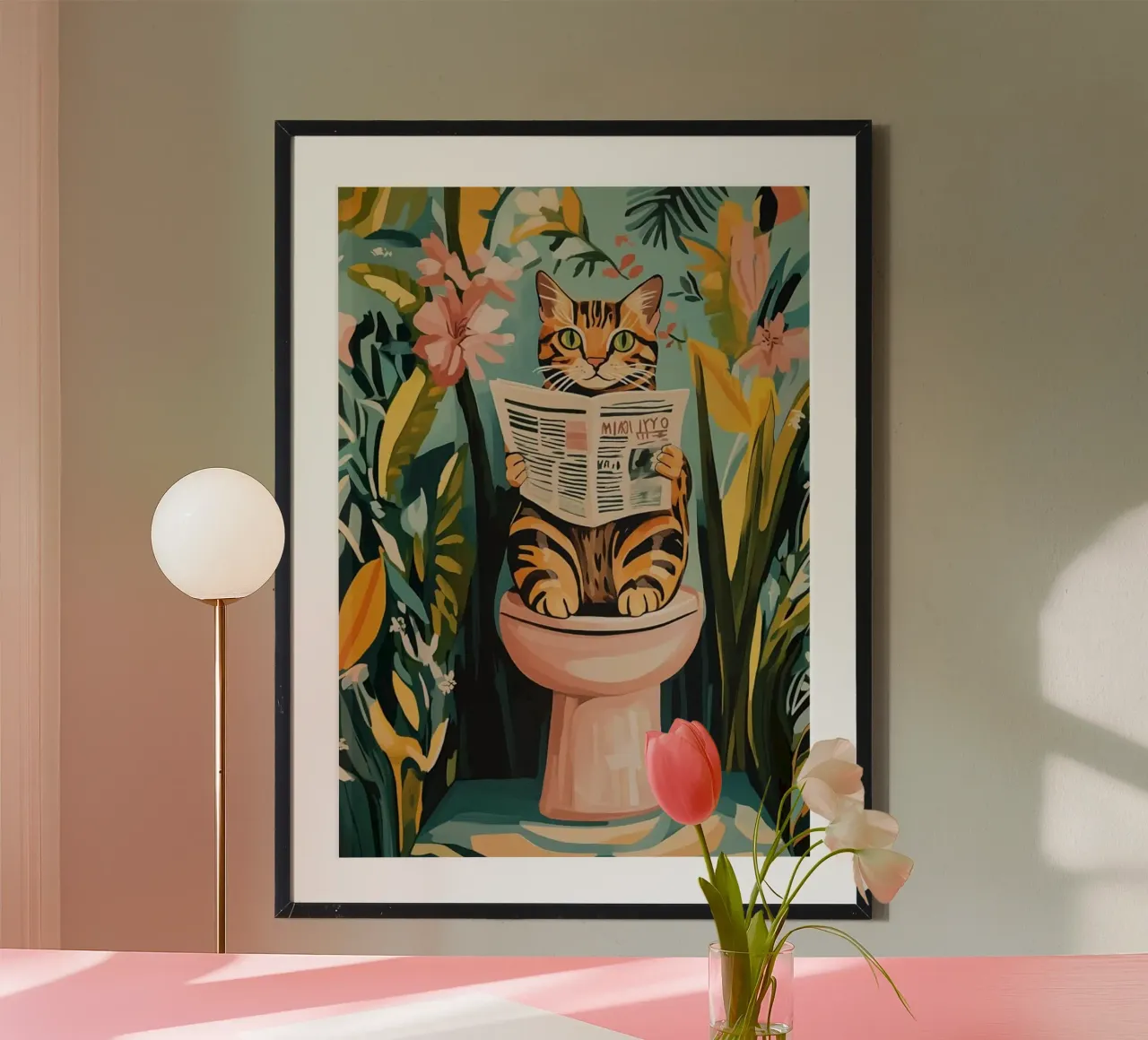 color cat on toilet poster con telaio in plastica da throme