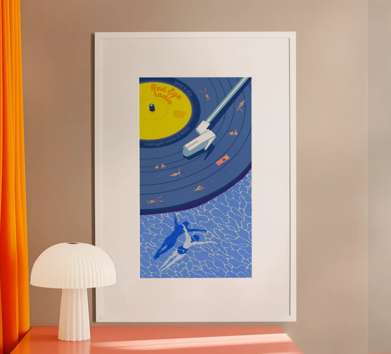 swimming in classic music player poster con telaio in plastica da riverbel