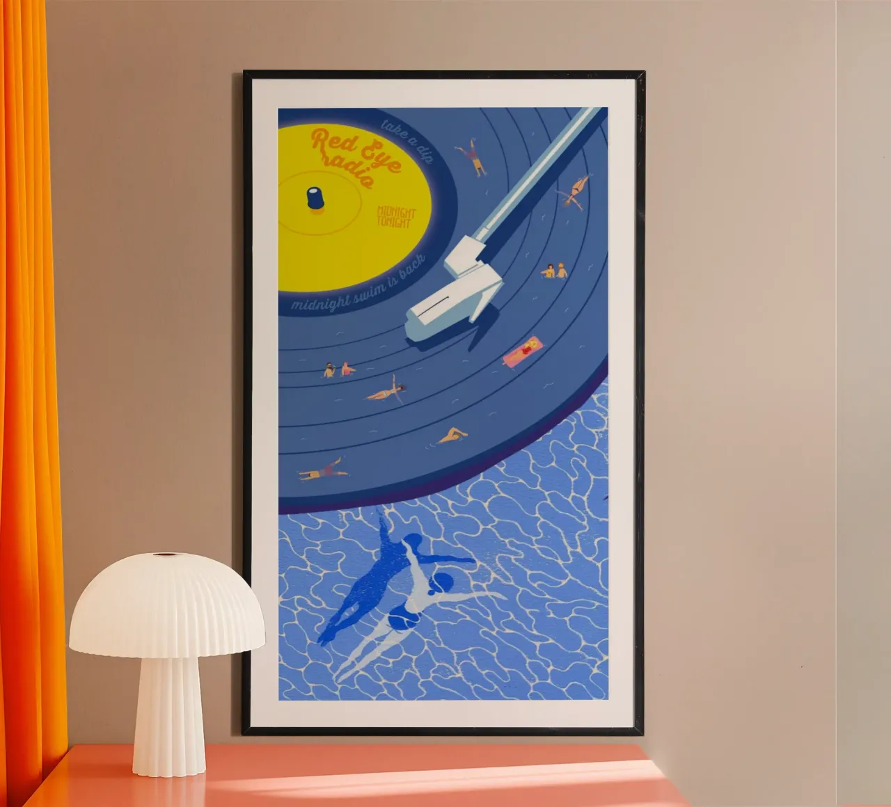 swimming in classic music player poster con telaio in plastica da riverbel