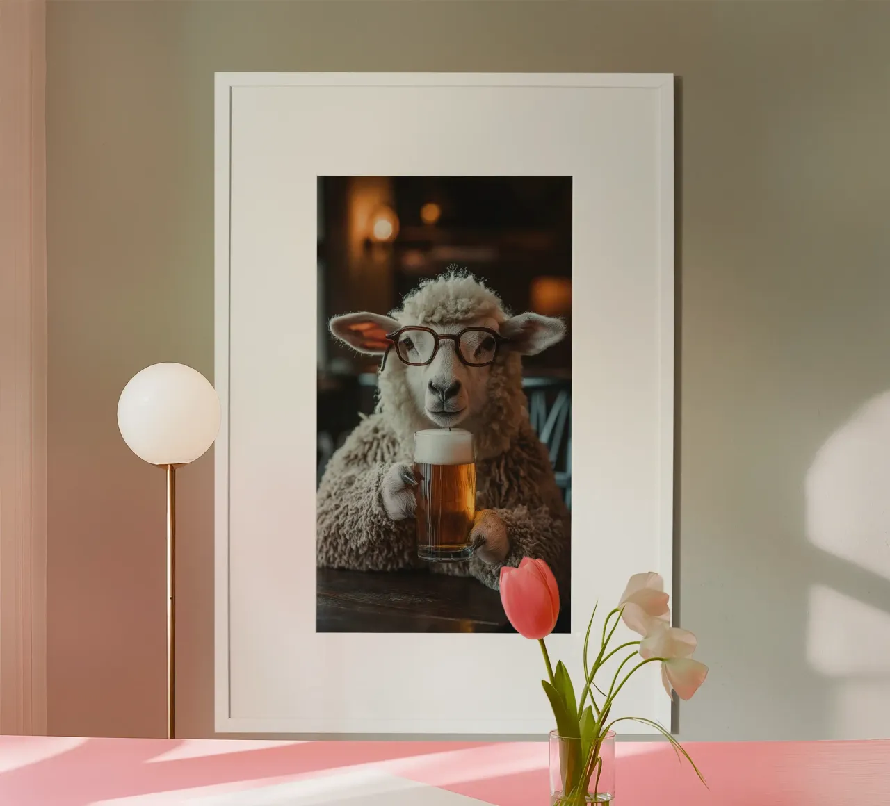 sheep and beer Poster mit Holzrahmen von throme