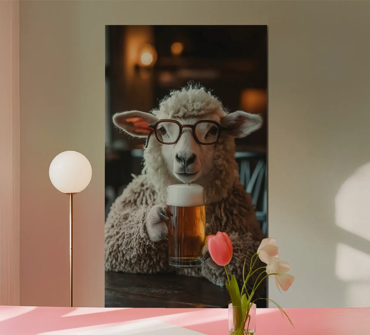 sheep and beer Poster mit Holzrahmen von throme