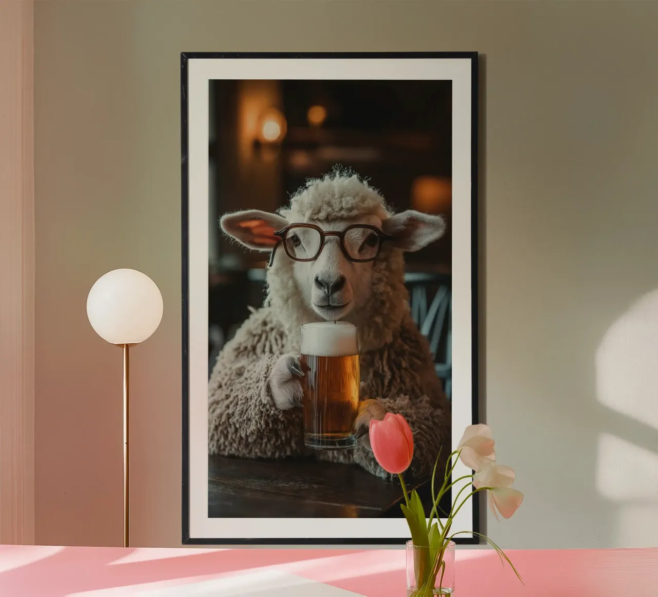 sheep and beer Poster mit Holzrahmen von throme