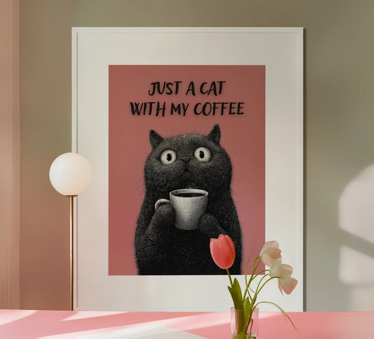 Solo un gatto con il mio caffè poster con telaio in legno da Hannah Meyer
