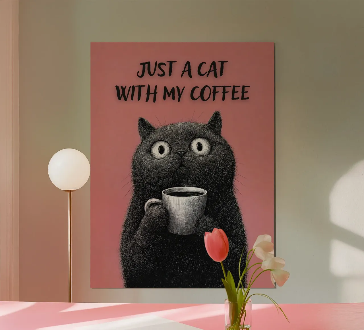 Solo un gatto con il mio caffè poster con telaio in legno da Hannah Meyer