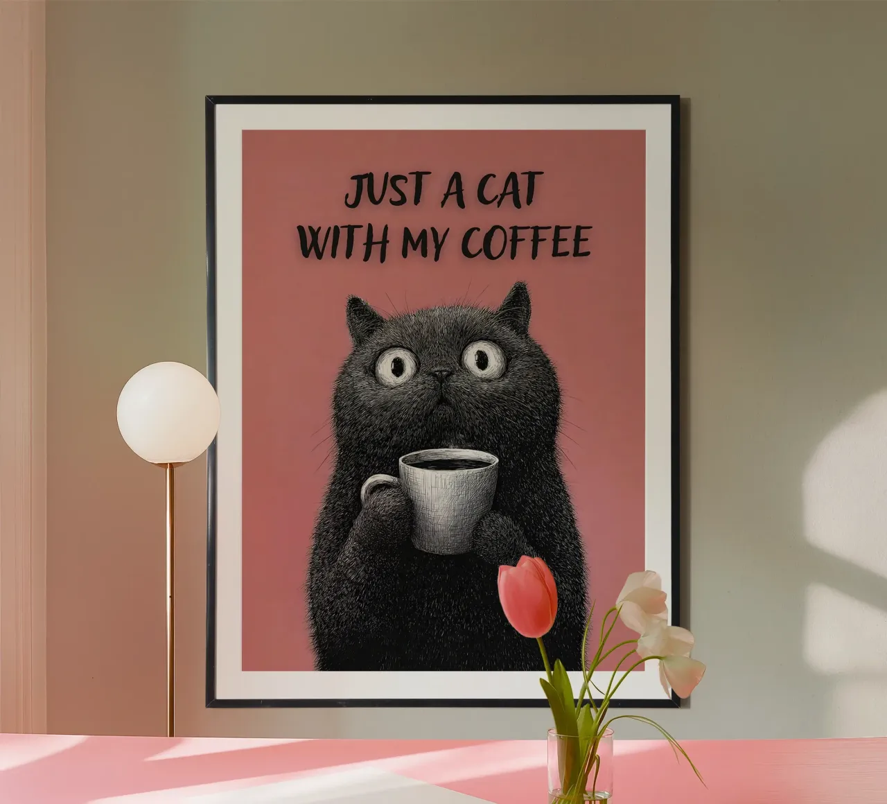 Solo un gatto con il mio caffè poster con telaio in legno da Hannah Meyer