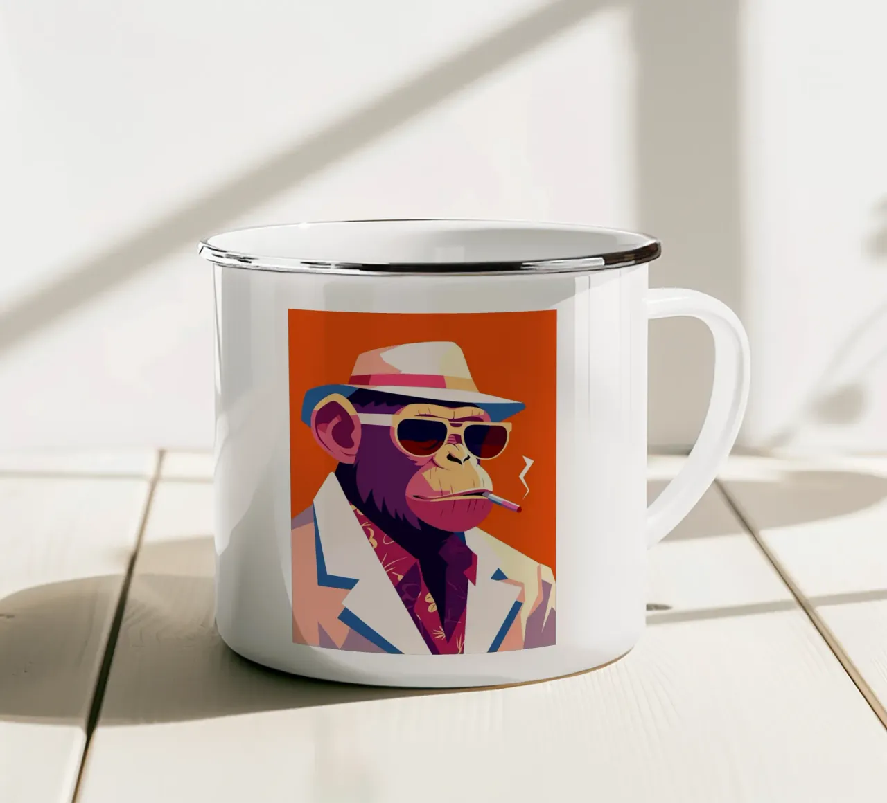 Scimpanzé capo con cappello Illustrazione artistica minimalista tazza in smalto da Hannah Meyer