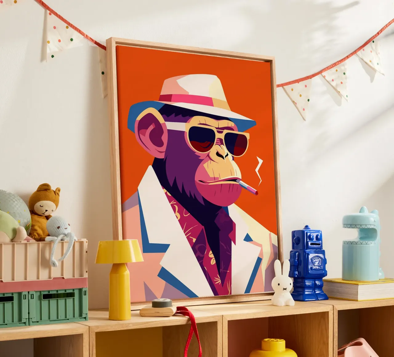 Cool Boss Chimpanzee in Hat Minimalist Art Illustration canvas with Floater frame by Hannah Meyer