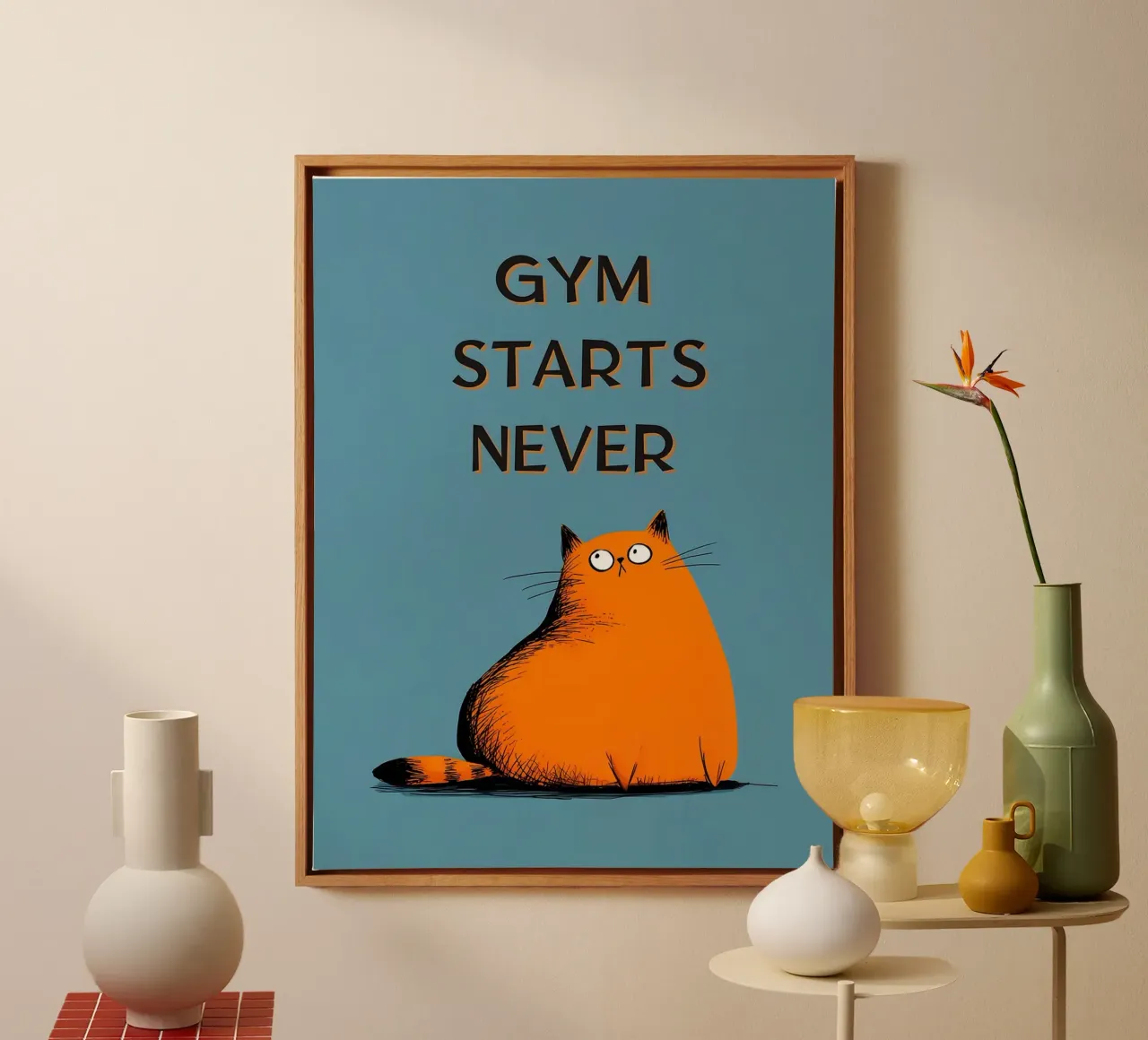 Gym Begint Nooit - Oranje Kat Poster canvas met Baklijst van Hannah Meyer