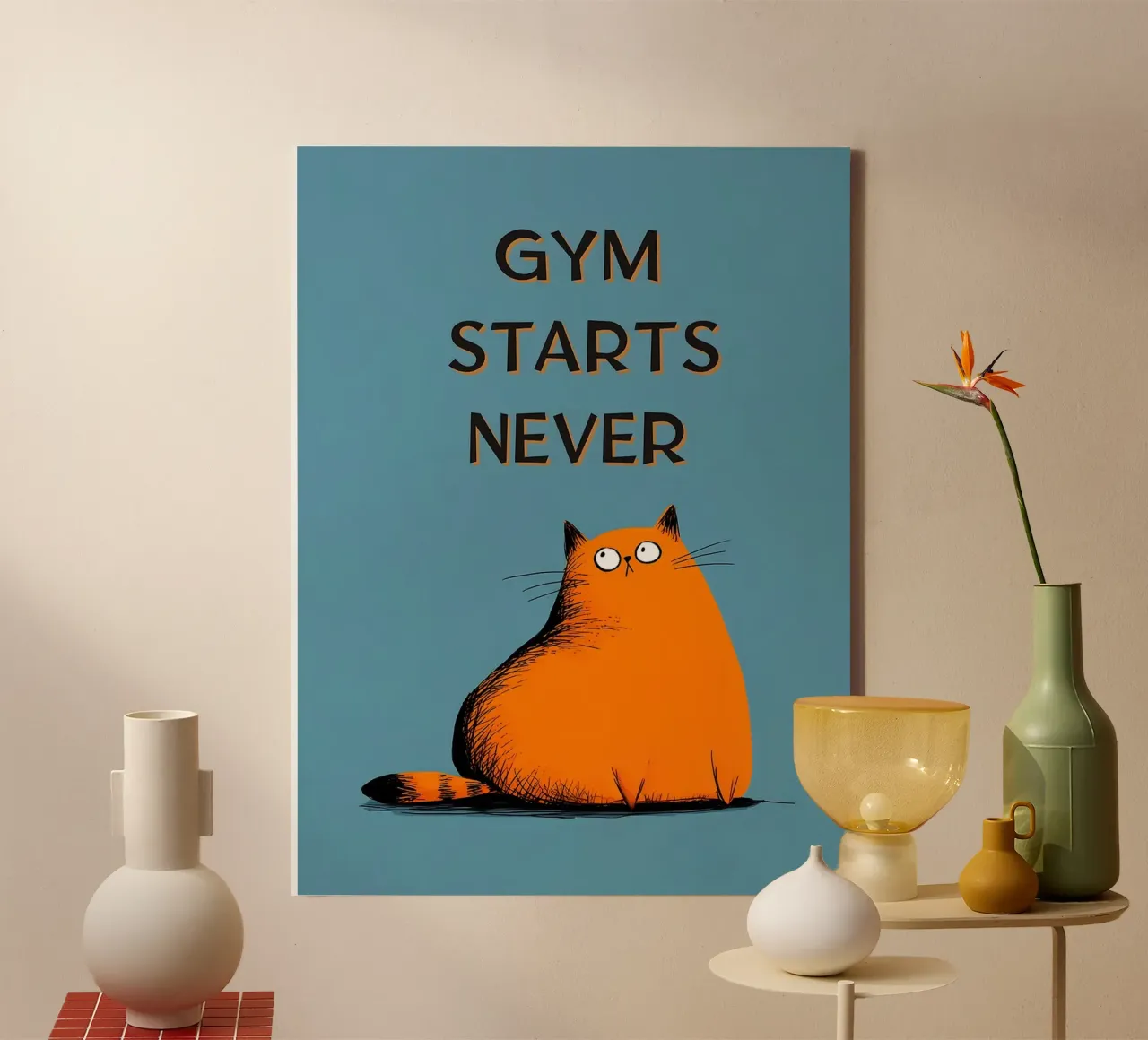 Gym Begint Nooit - Oranje Kat Poster canvas met Baklijst van Hannah Meyer