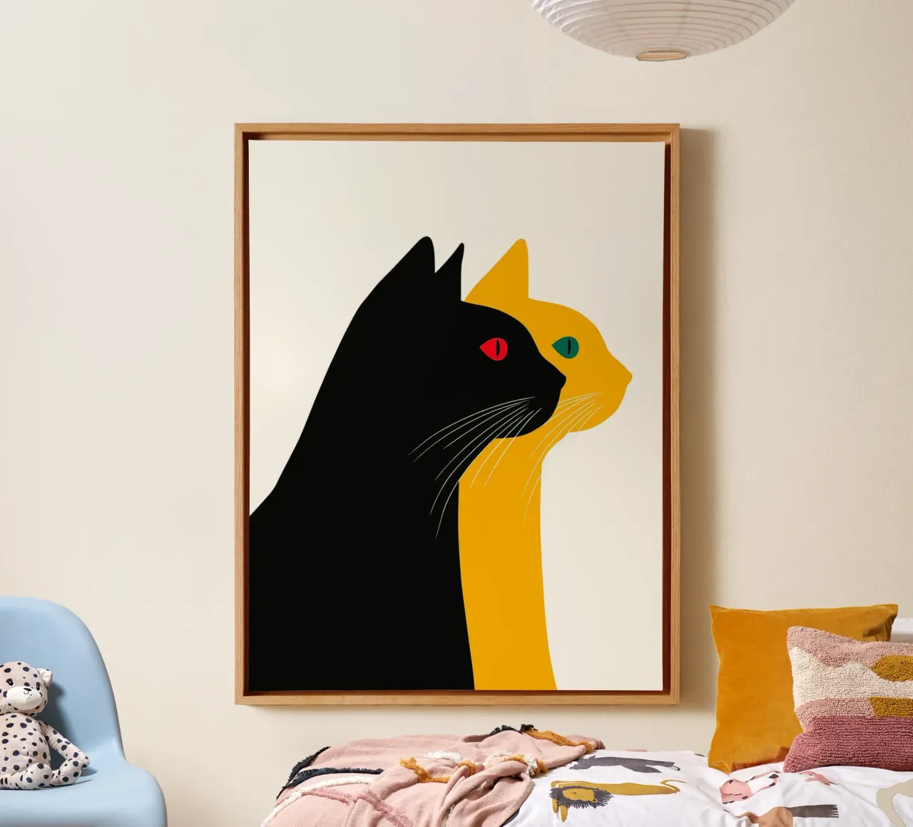 Zwarte en gele katten canvas met Baklijst van Hannah Meyer