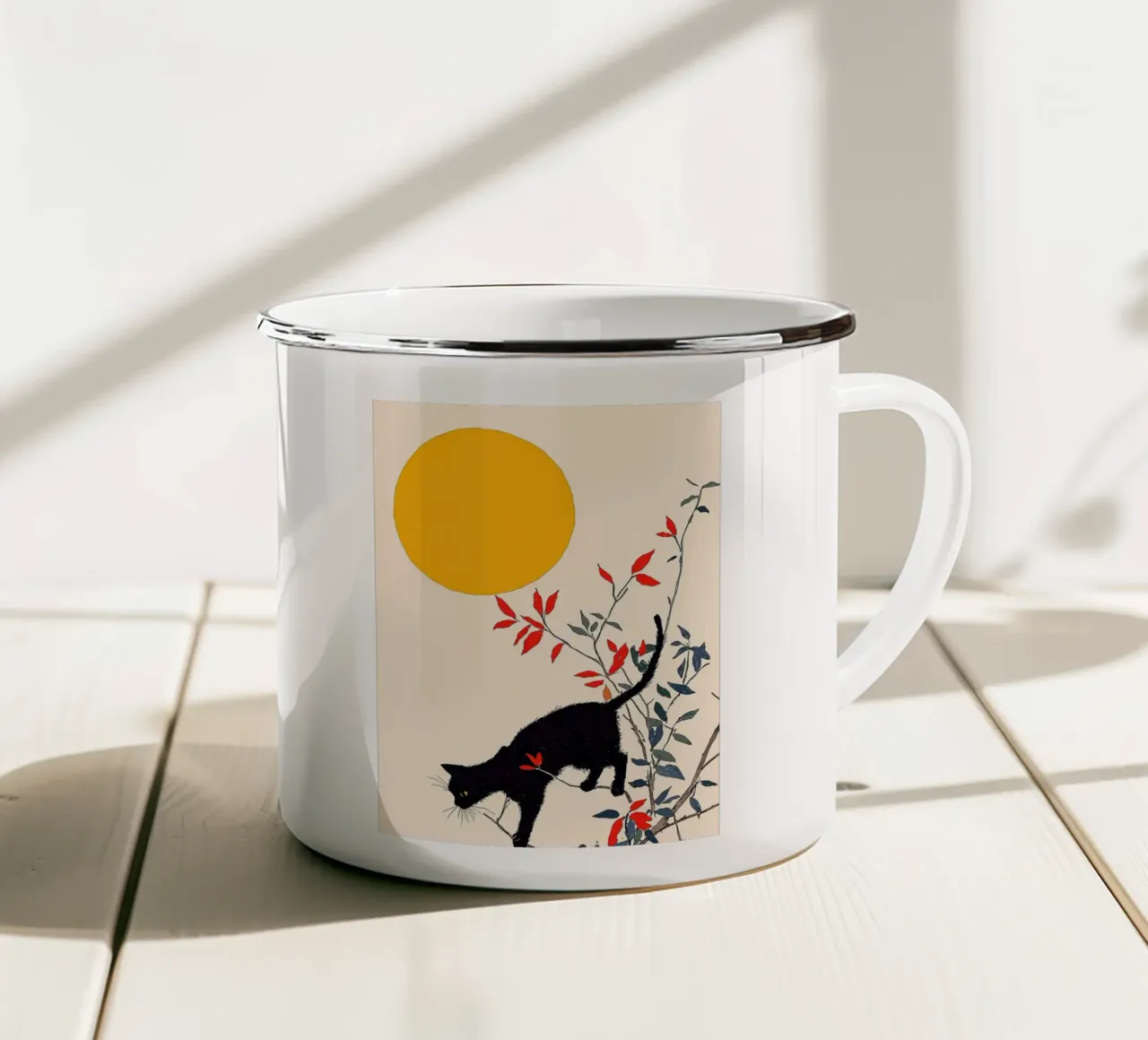 Gatto nero su un albero tazza in smalto da Hannah Meyer
