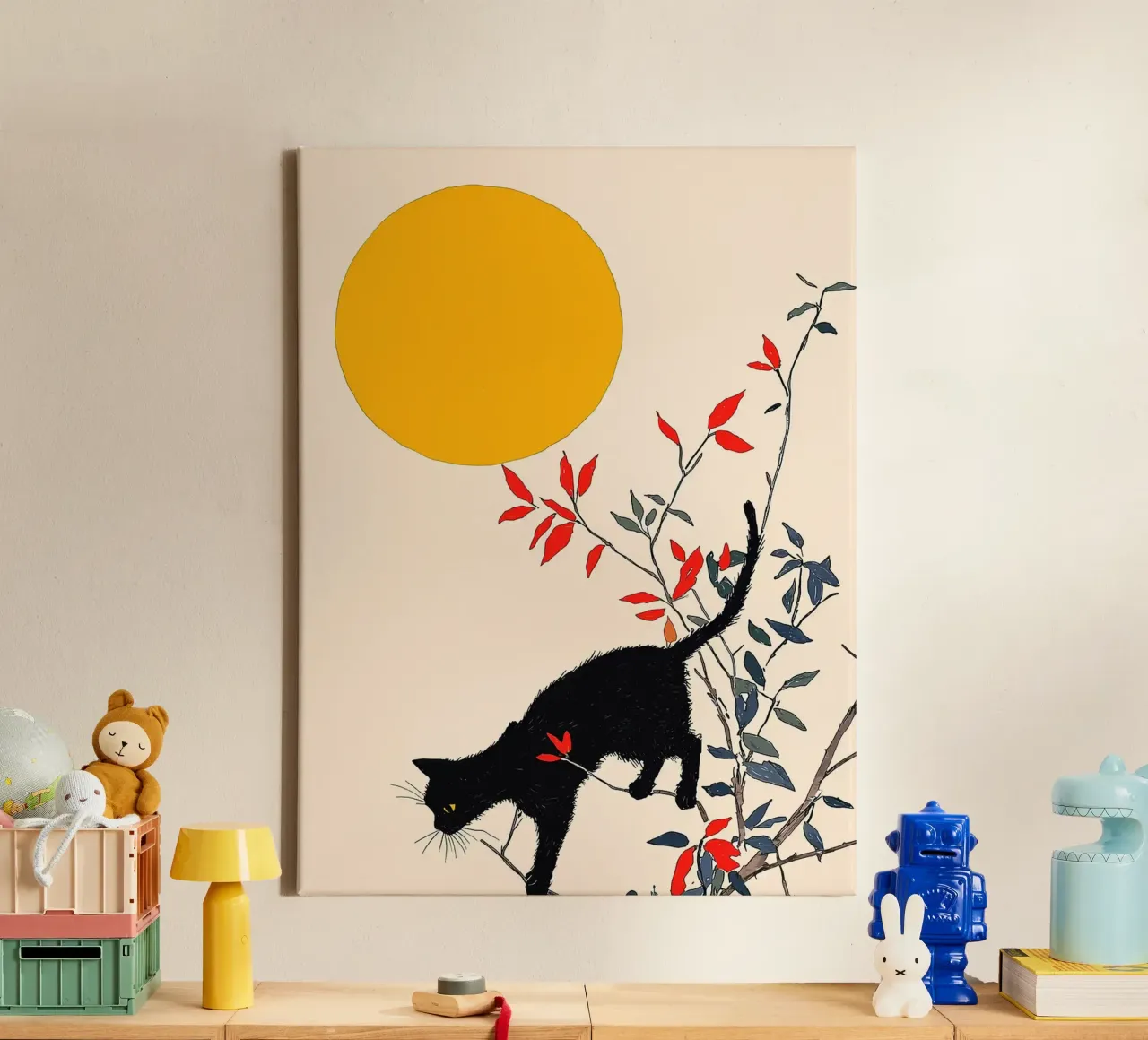 Zwarte kat in een boom canvas met Baklijst van Hannah Meyer